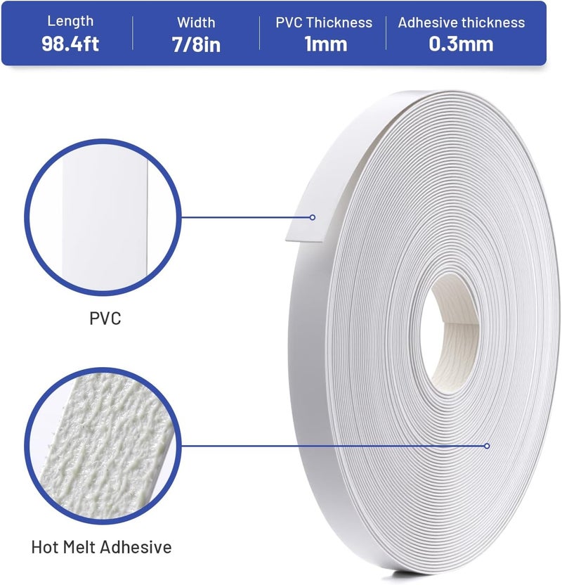 FAKILO PVC Edge Banding 7/8 inch x 100ft Veneer Edge Banding White with Hot Melt Adhesive Pre - glued Iron on Edging Tape Trim for Cabinet Plywood Repairs and Furniture Restoration - Image 2